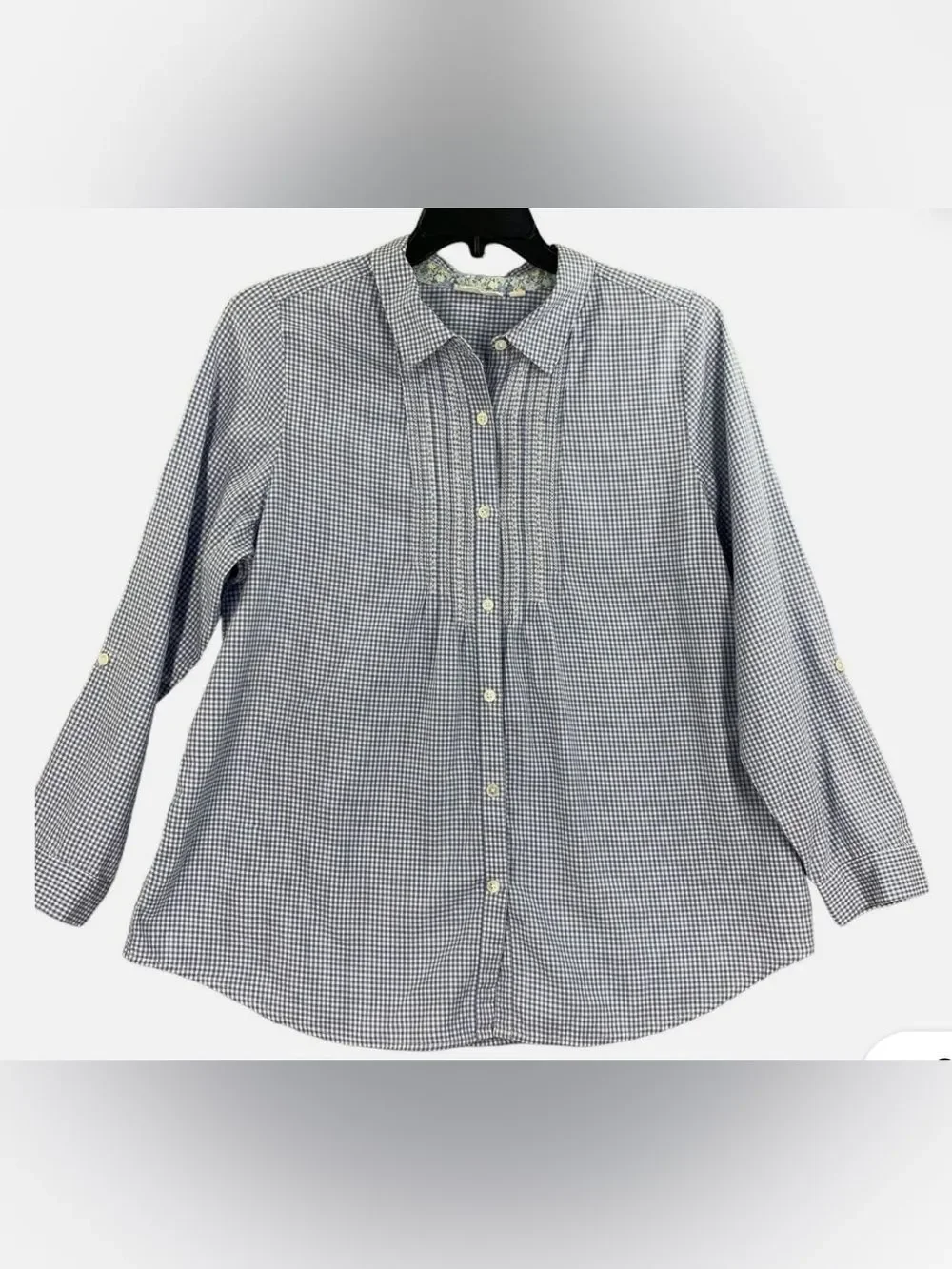 J.Jill L Uncommon Threads Blue White Gingham Embroidered Eyelet Gathered Shirt